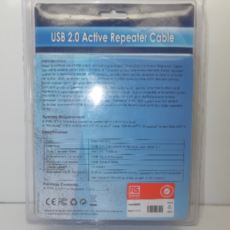 RS Pro 39ft USB 2.0 Active Repeater Cable 1448000