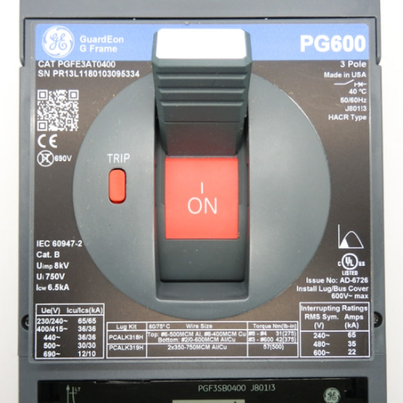 GE GuardEon PG600 G Frame 3-Pole Circuit Breaker PGFE3AT0400