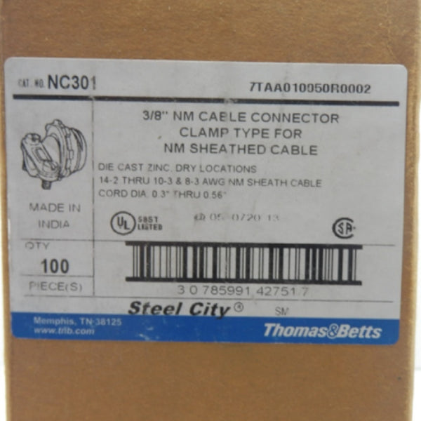 Pack of 100 Thomas & Betts 3/8 in Non-Metallic Clamp Type Cable Connector NC301