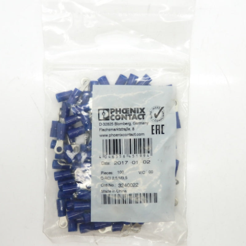 Pack of 100 Phoenix Contact Blue Ring Lug 3240022