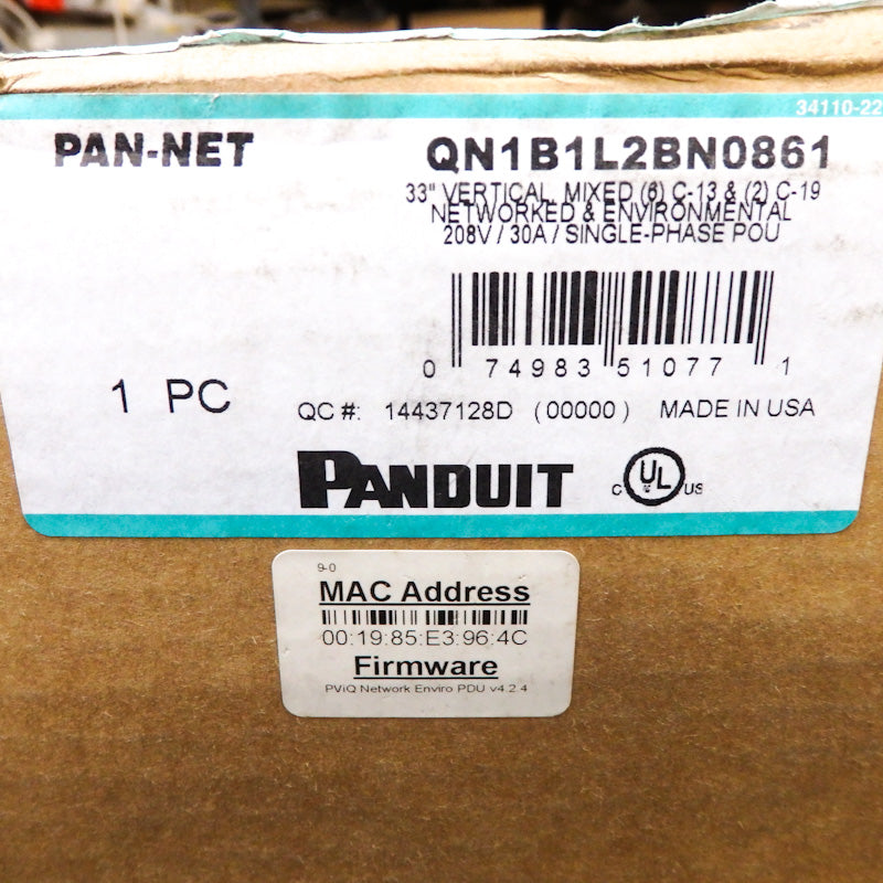 Panduit 8-Outlet Vertical Power Strip Rack-Mountable PDU QN1B1L2BN0861
