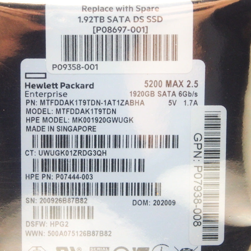 HPE 1.92TB SATA 6Gb/s 2.5" Solid State Drive MTFDDAK1T9TDN P07444-003 P08697-001