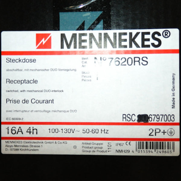 Mennekes Receptacle Switch with Mechanical DUO-Interlock 7620RS