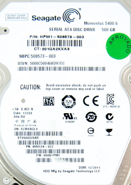 HP Seagate 500GB 5400RPM 2.5" SATA Hard Drive ST9500325AS(N), 508573-003