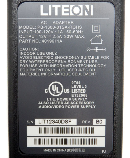 LITEON 12V 2.5A 30W Max AC Adapter With Power Cord PB-1300-01SA-ROHS