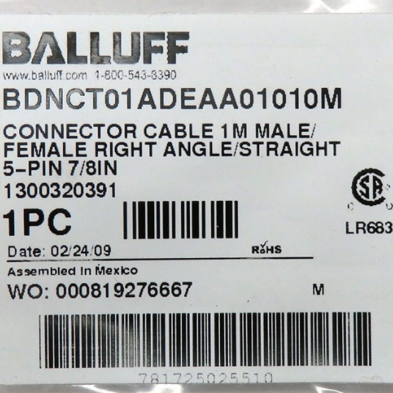 Balluff 1M 5-Pin 7/8" 300VAC 8.0A UN-2B Connector Cable BDN C-T01-AD-EAA-01-010M