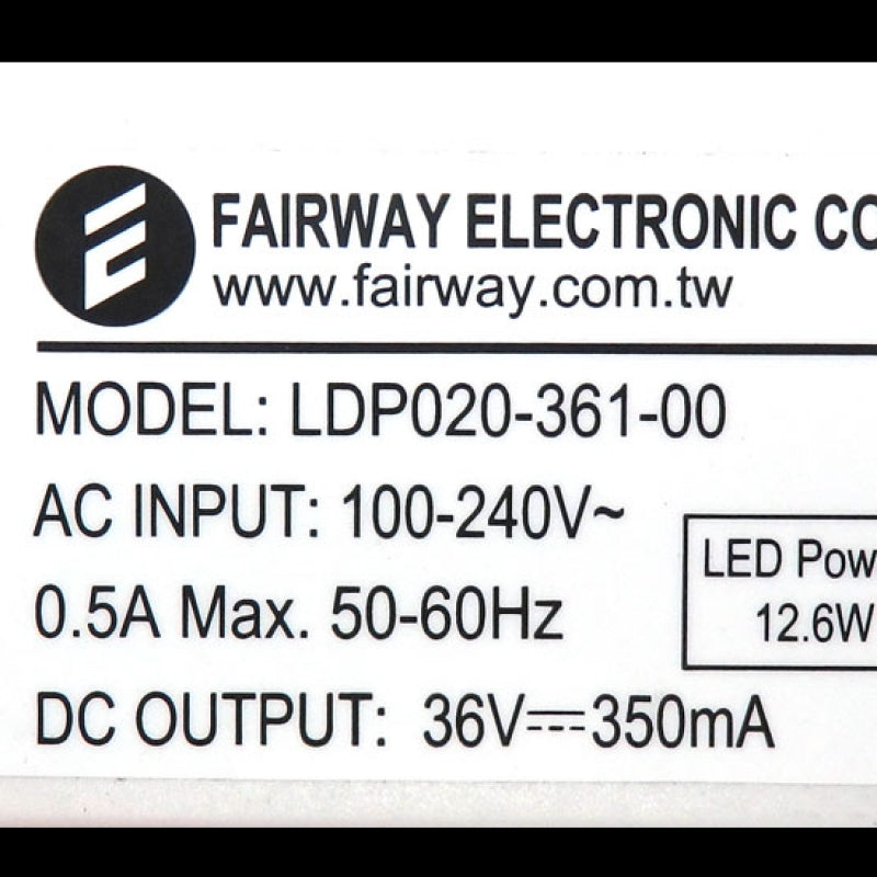Fairway Electronic DC 36V 350mA 12.6W LED Power Driver LDP020-361-00