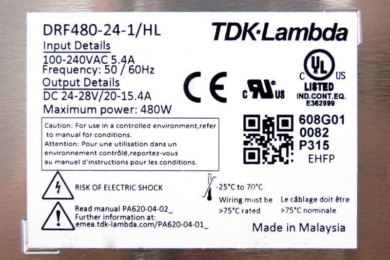 TDK-Lambda 480W 24VDC 20A DIN Rail AC-DC Power Supply DRF-480-24-1/HL