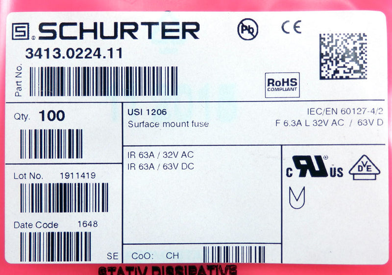 100 Pack of Schurter USI 1206 6.3A F 32VAC 63VDC Fuses 3413.0224.11