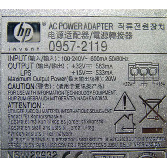 HP AC Adapter for DeskJet / OfficeJet Printer 0957-2119