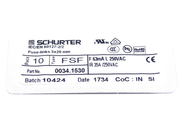 10 Pack of Schurter FSF 5mm x 20mm 250VAC Cartridge Fuses 0034.1530