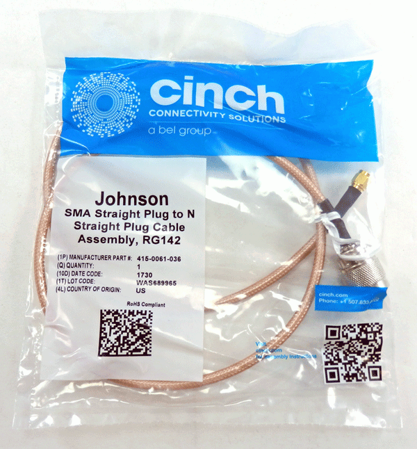 Cinch SMA Straight Plug to N Straight Plug Cable RG142 415-0061-036