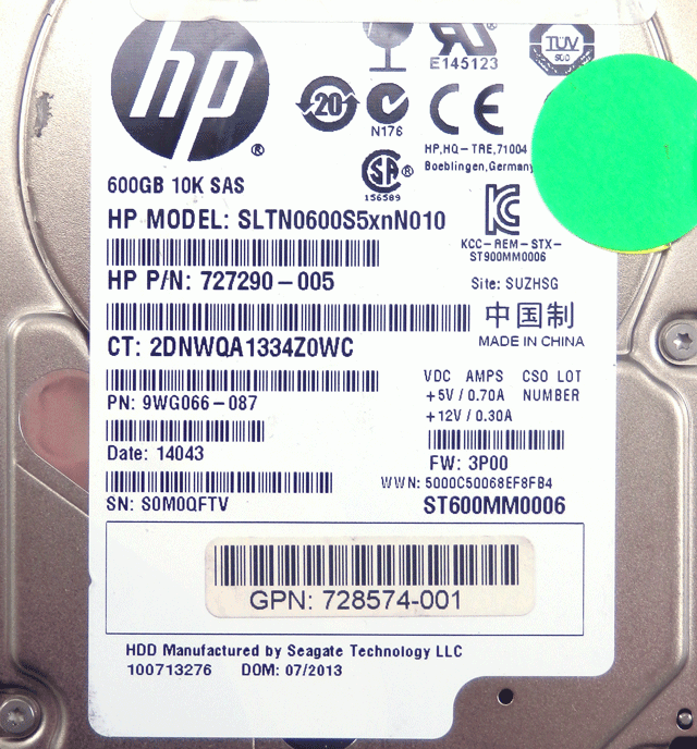HP 727290-005 600GB 10K SAS 6GB/s 2.5" Hard Drive SLTN0600S5xnN010 ST600MM0006