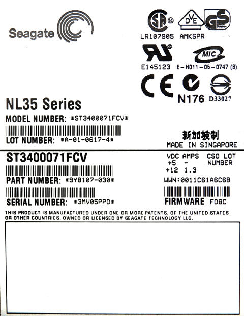 Seagate NL35 Series 400GB 7200RPM 3.5-inch Fibre Channel Hard Drive ST3400071FC